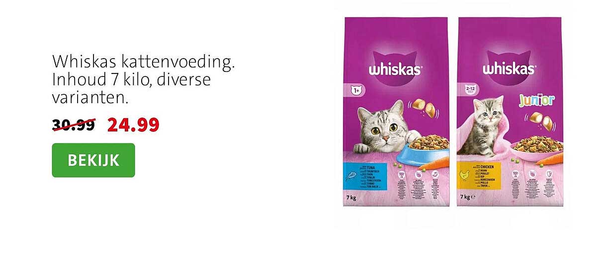 Whiskas kattenvoeding. Inhoud 7 kilo, diverse varianten.