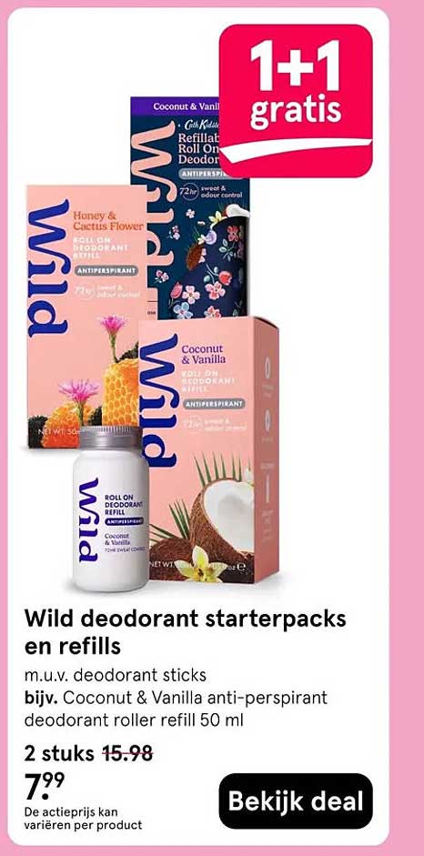 Wild deodorant starterpacks en refills 1+1 gratis