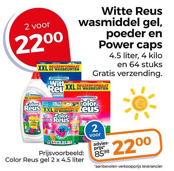 Witte Reus wasmiddel gel, poeder en Power caps 4.5 liter, 4 kilo en 64 stuks Gratis verzending
