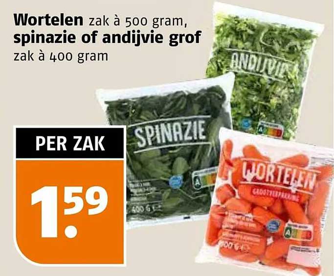Wortelen zak à 500 gram, spinazie of andijvie grof zak à 400 gram