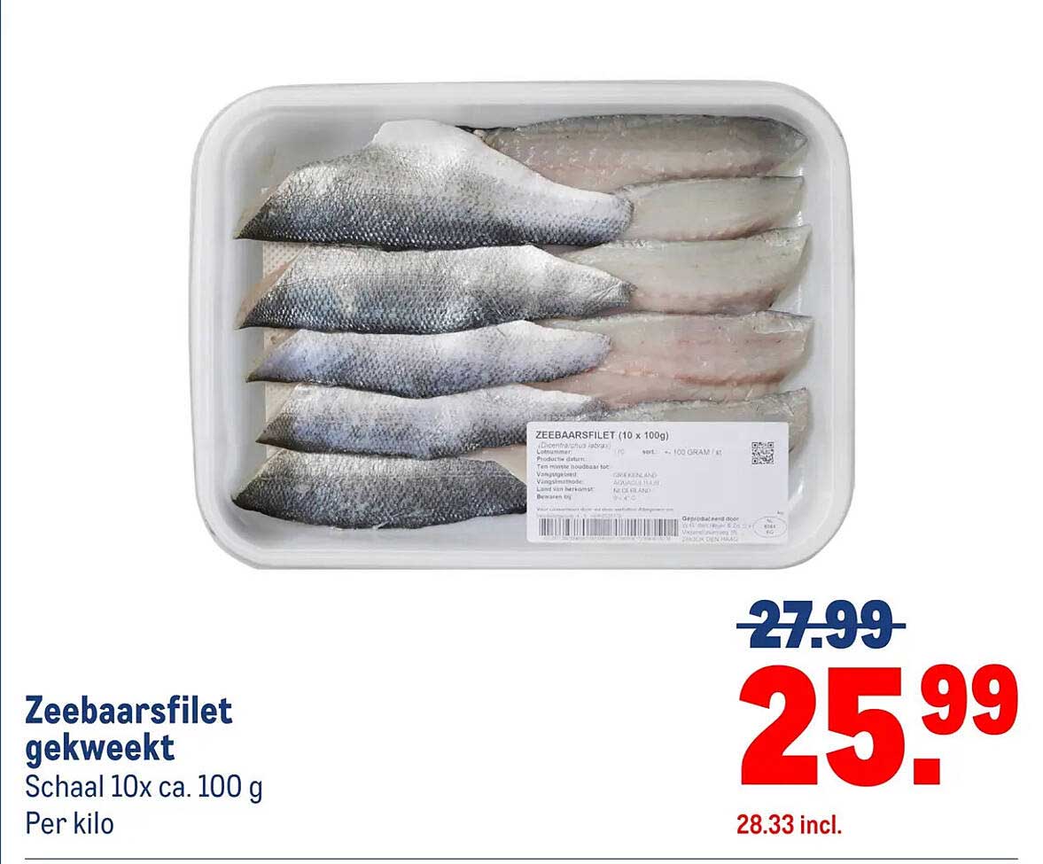 Zeebaarsfilet gekweekt Schaal 10x ca. 100 g Per kilo