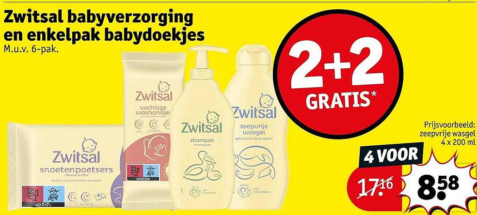 Zwitsal babyverzorging en enkelpak babydoekjes 2+2 GRATIS*