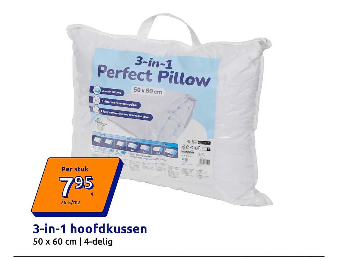 3-in-1 hoofdkussen 50 x 60 cm | 4-delig