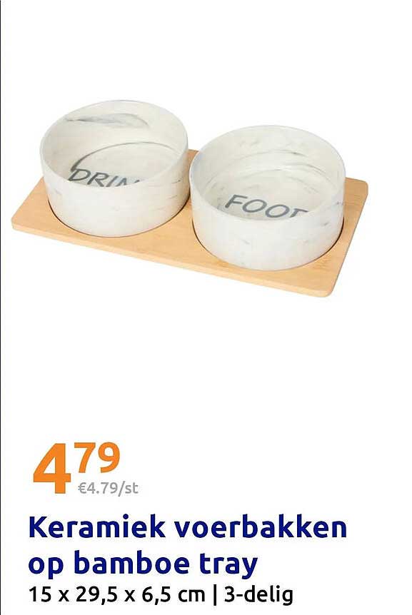 Keramiek voerbakken op bamboe tray 15 x 29,5 x 6,5 cm | 3-delig