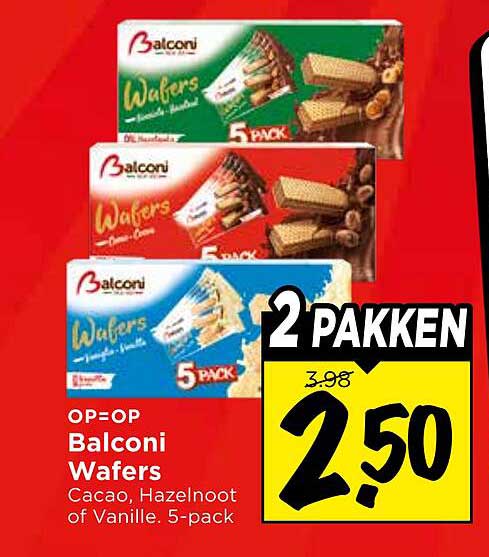 2 pakken Balcony Wafers Cacao, Hazelnoot of Vanille. 5-pack