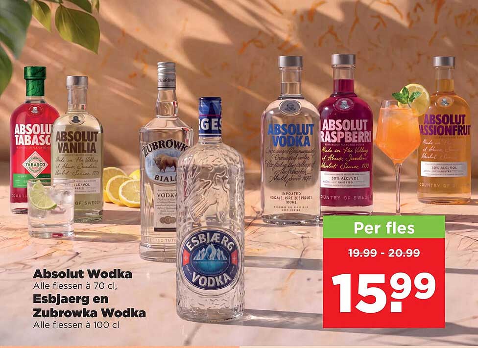 Absolut Wodka Alle flessen à 70 cl, Esbjærg en Zubrowka Wodka Alle flessen à 100 cl Per fles