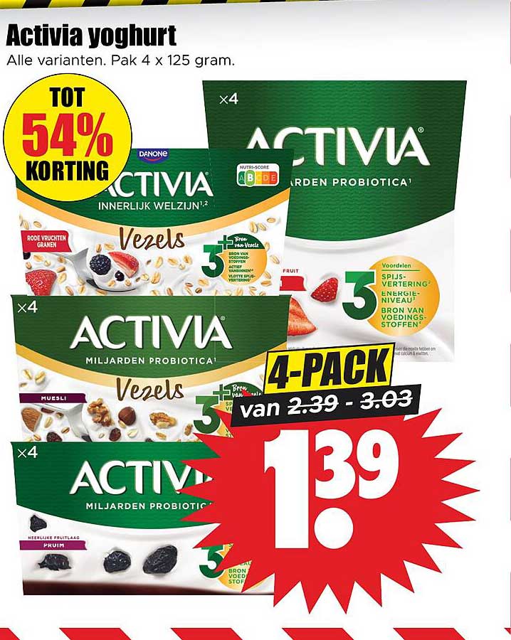 Activia yoghurt Alle varianten. Pak 4 x 125 gram. TOT 54% KORTING 4-PACK