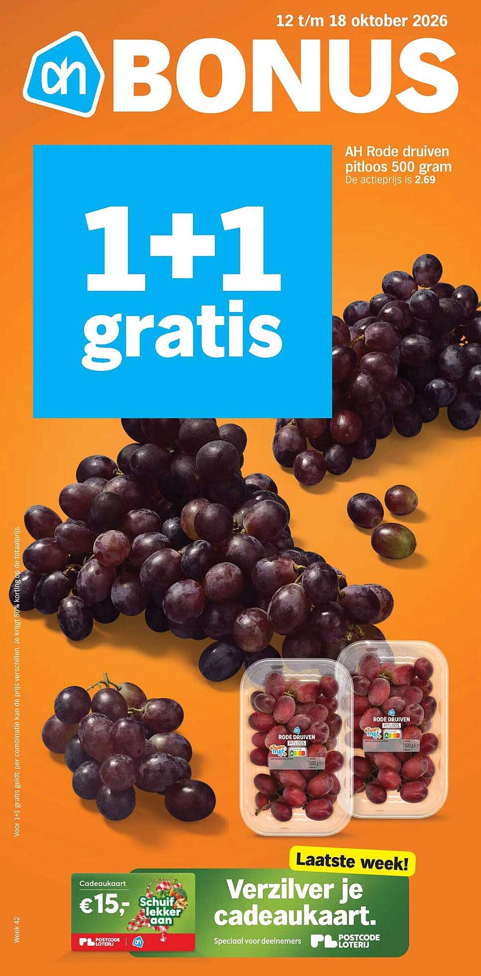 AH Rode druiven pitloos 500 gram 1+1 gratis