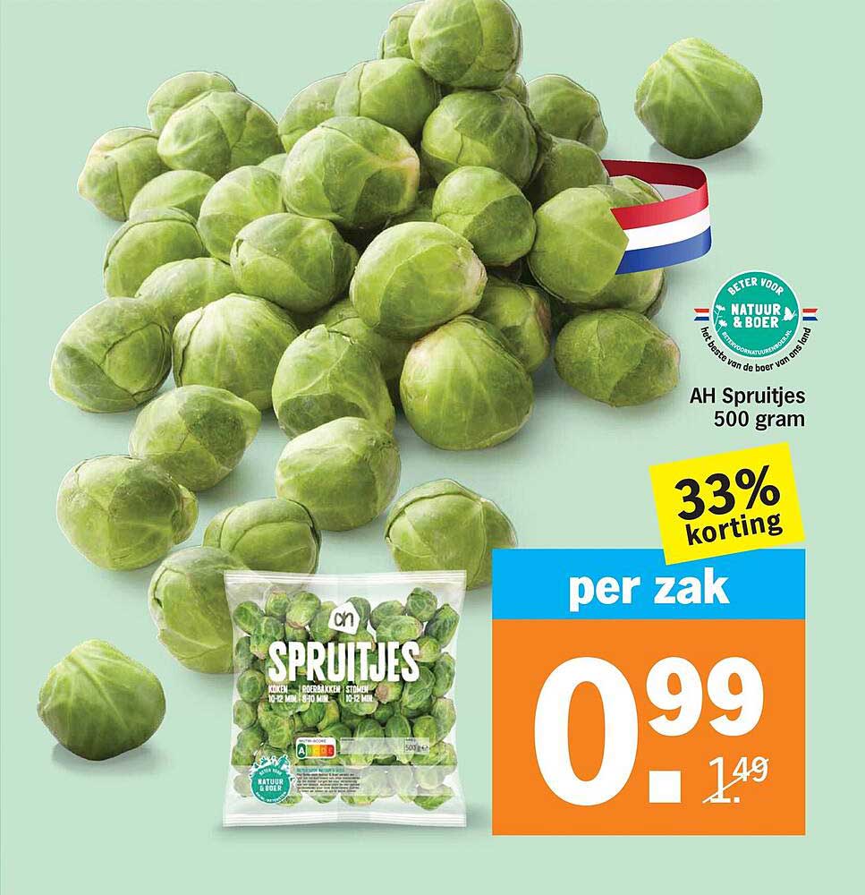 AH Spruitjes 500 gram 33% korting per zak