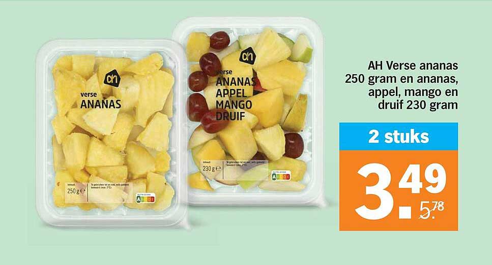 AH Verse ananas 250 gram en ananas, appel, mango en druif 230 gram 2 stuks