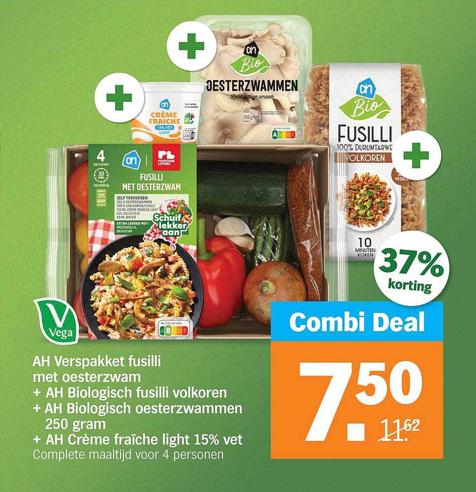 AH Verspakket fusilli met oesterzwam + AH Biologisch fusilli volkoren + AH Biologisch oesterzwammen 250 gram + AH Crème fraîche light 15% vet