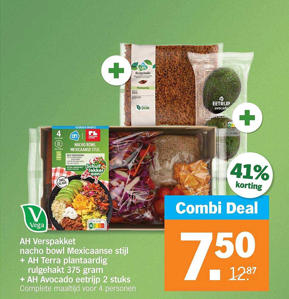 AH Verspakket nacho bowl Mexicaanse stijl + AH Terra plantaardig rulgehakt 375 gram + AH Avocado eetrijp 2 stuks Combi Deal