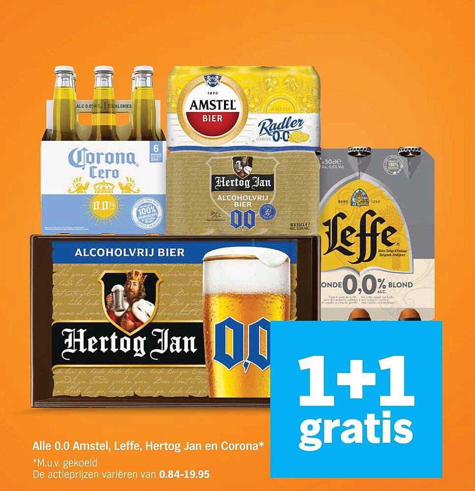 Alle 0.0 Amstel, Leffe, Hertog Jan en Corona* 1+1 gratis