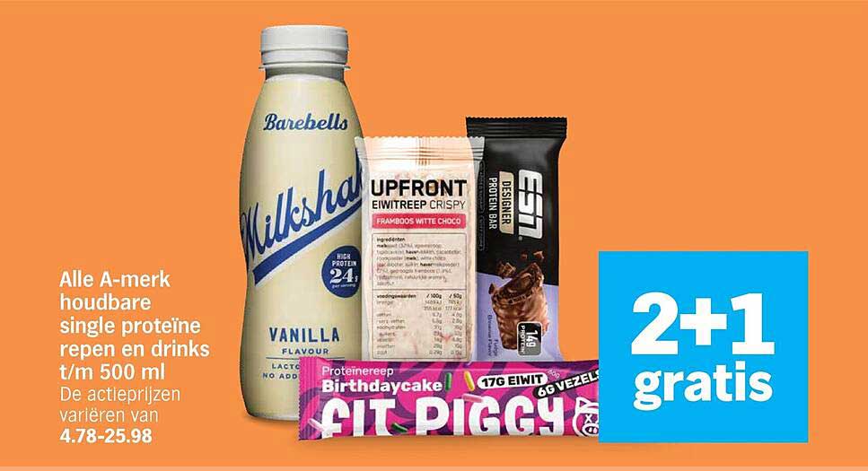 Alle A-merk houdbare single proteïne repen en drinks t/m 500 ml 2+1 gratis