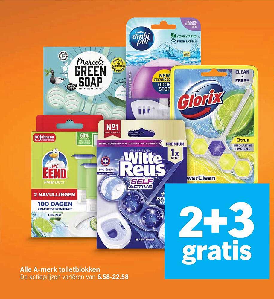 Alle A-merk toiletblokken 2+3 gratis