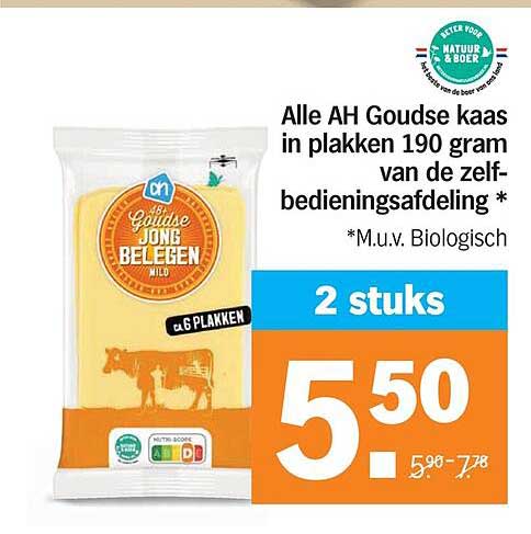 Alle AH Goudse kaas in plakken 190 gram van de zelfbedieningsafdeling *