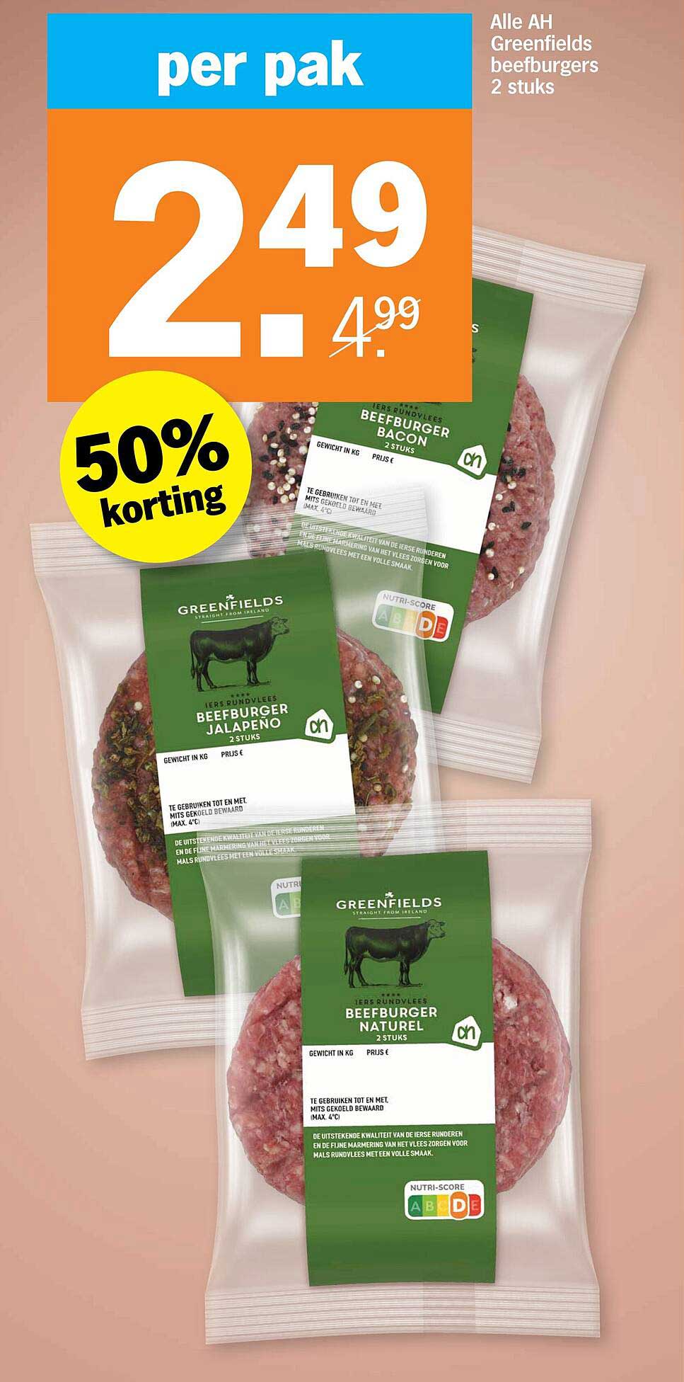 Alle AH Greenfields beefburgers 2 stuks 50% korting