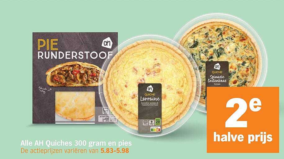 Alle AH Quiches 300 gram en pies 2e halve prijs