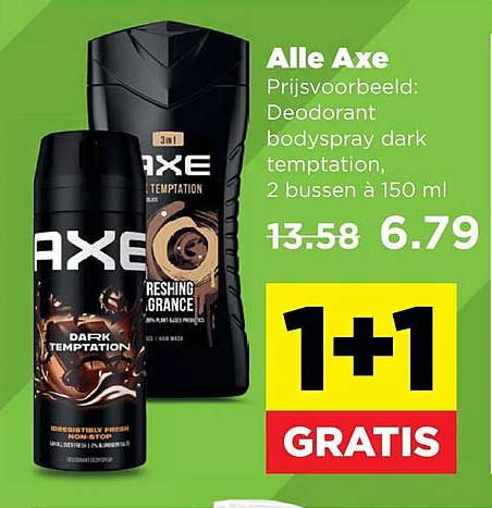 Alle Axe Prijsvoorbeeld: Deodorant bodyspray dark temptation, 2 bussen à 150 ml 1+1 GRATIS