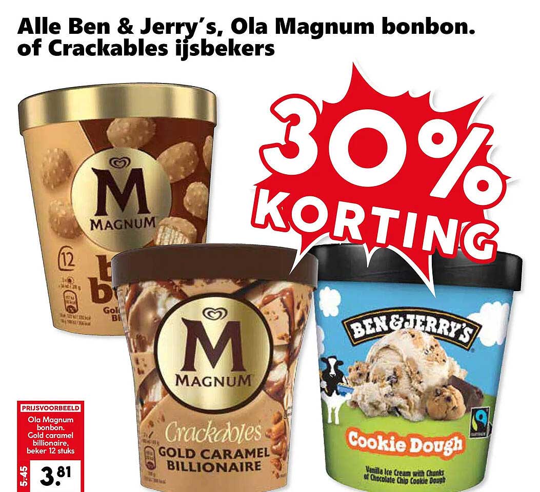 Alle Ben & Jerry’s, Ola Magnum bonbon of Crackables ijsbekers 30% korting