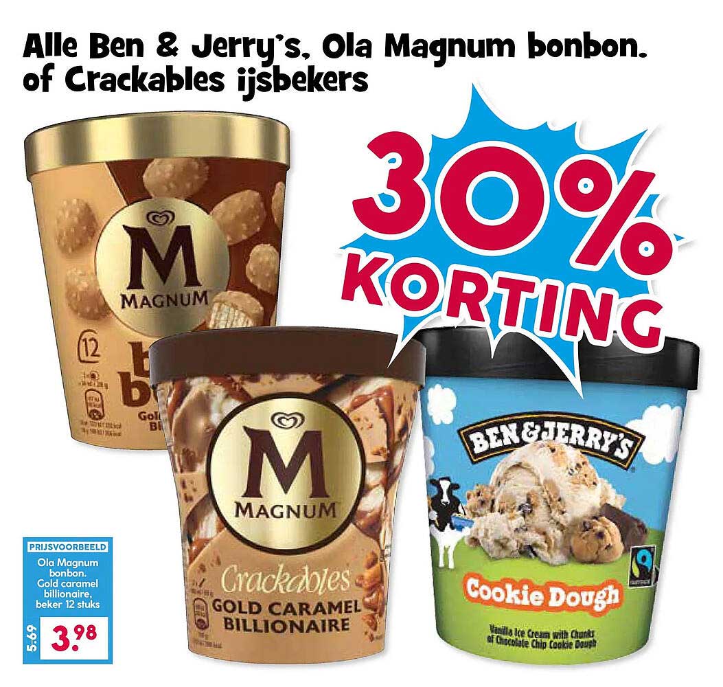 Alle Ben & Jerry’s, Ola Magnum bonbon of Crackables ijsbekers 30% korting