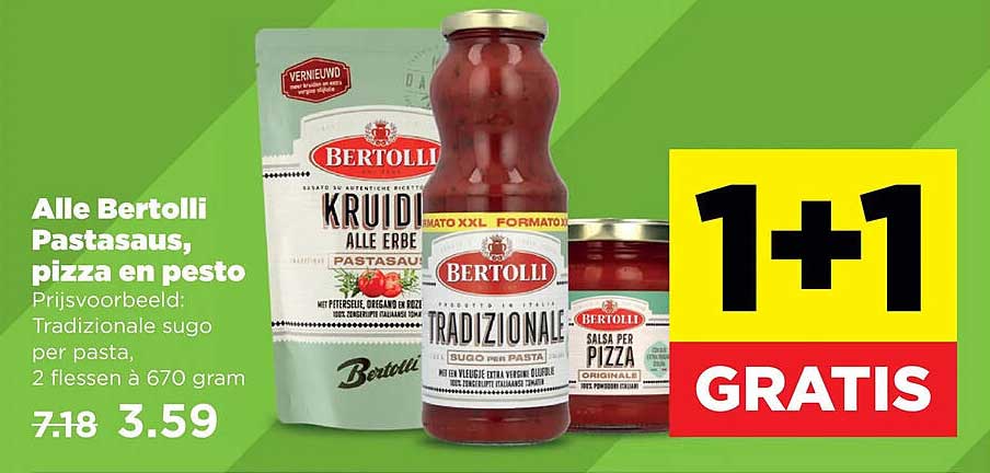 Alle Bertolli Pastasaus, pizza en pesto 1+1 GRATIS