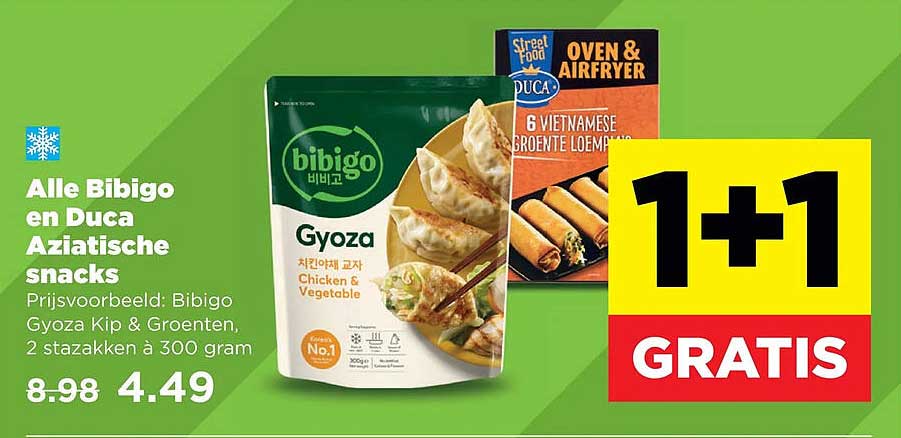 Alle Bibigo en Duca Aziatische snacks 1+1 GRATIS