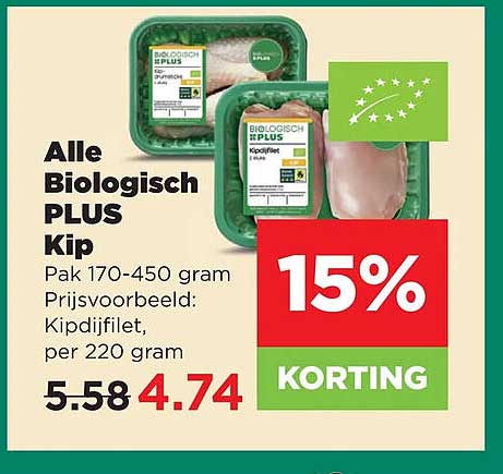 Alle Biologisch PLUS Kip Pak 170-450 gram Prijsvoorbeeld: Kipdijfilet, per 220 gram 15% KORTING