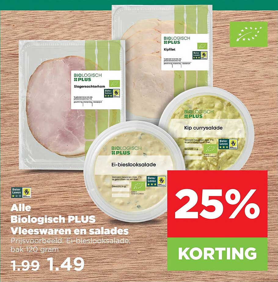Alle Biologisch PLUS vleeswaren en salades 25% korting
