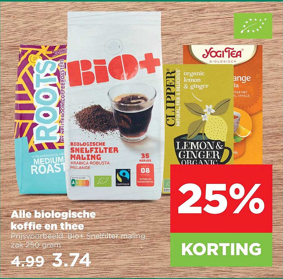 Alle biologische koffie en thee 25% korting