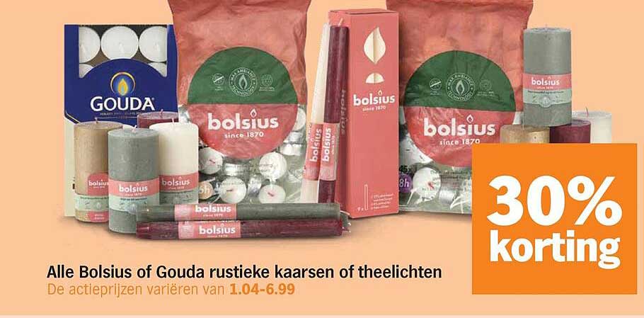 Alle Bolsius of Gouda rustieke kaarsen of theelichten 30% korting