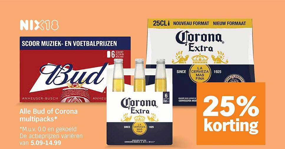 Alle Bud of Corona multipacks* 25% korting