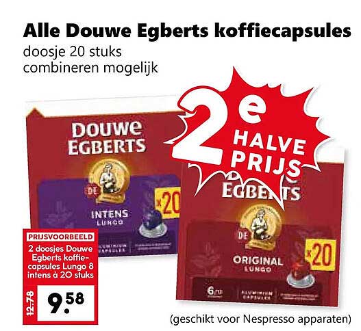 Alle Douwe Egberts koffiecapsules 2e halve prijs
