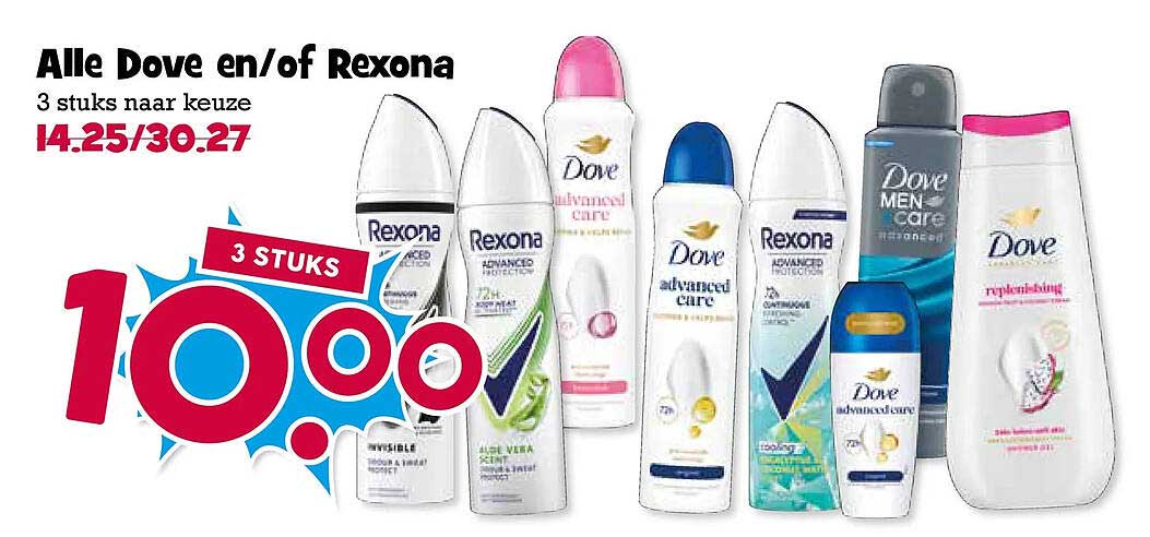 Alle Dove en/of Rexona 3 stuks naar keuze