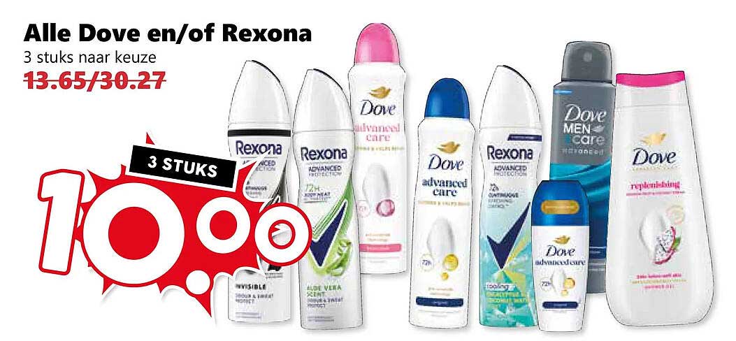 Alle Dove en/of Rexona 3 stuks naar keuze