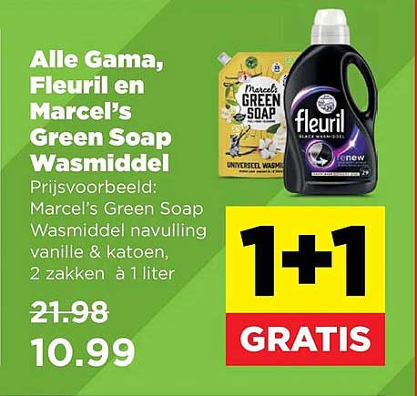 Alle Gama, Fleuril en Marcel's Green Soap Wasmiddel 1+1 GRATIS