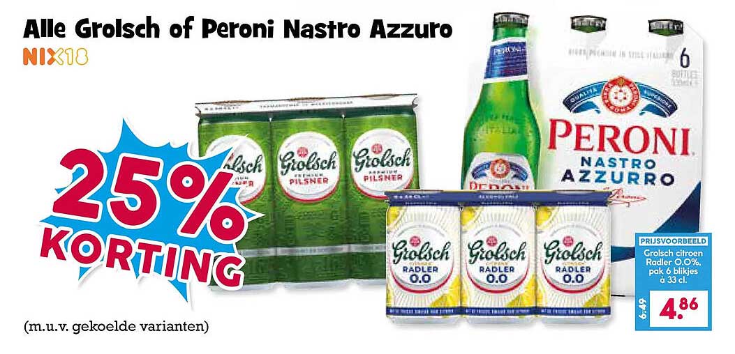 Alle Grolsch of Peroni Nastro Azzurro 25% KORTING