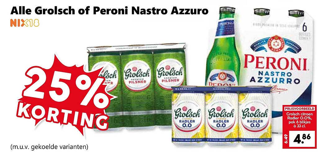 Alle Grolsch of Peroni Nastro Azzurro 25% KORTING