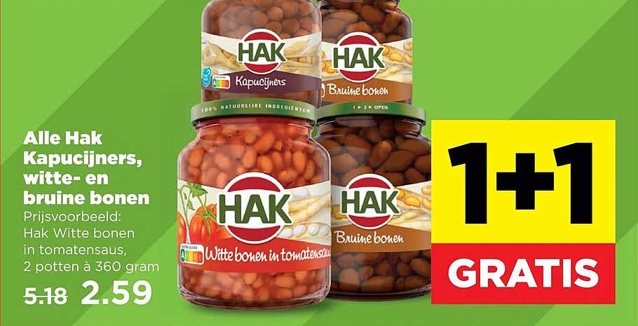 Alle Hak Kapucijners, witte- en bruine bonen 1+1 GRATIS