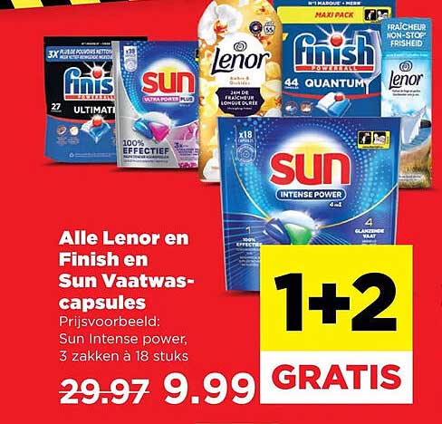 Alle Lenor en Finish en Sun Afwas-capsules 1+2 GRATIS