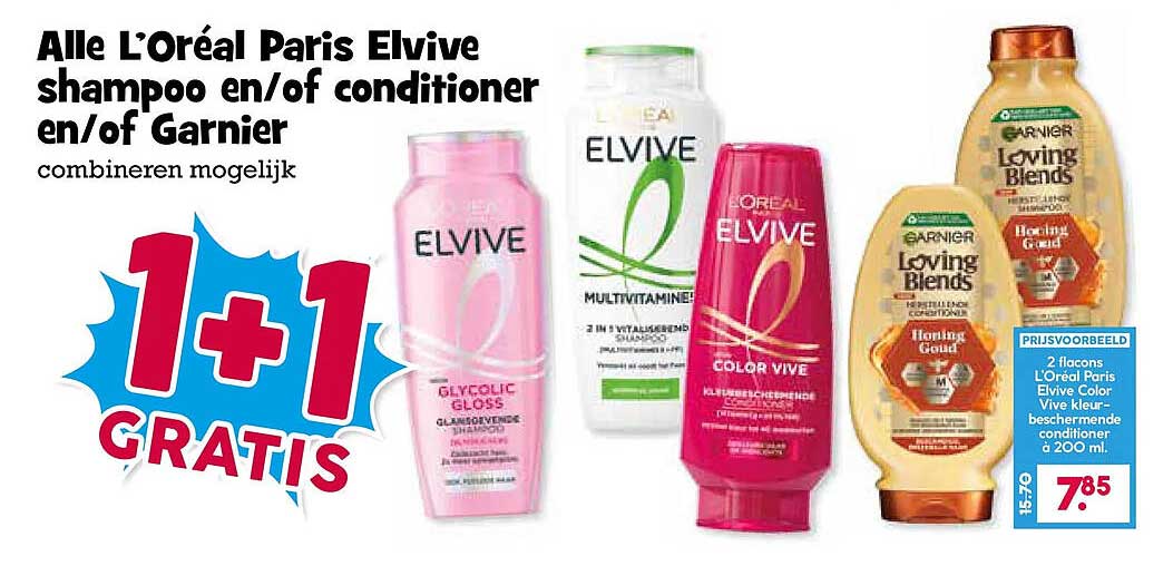 Alle L'Oréal Paris Elvive shampoo en/of conditioner en/of Garnier combineren mogelijk 1+1 GRATIS