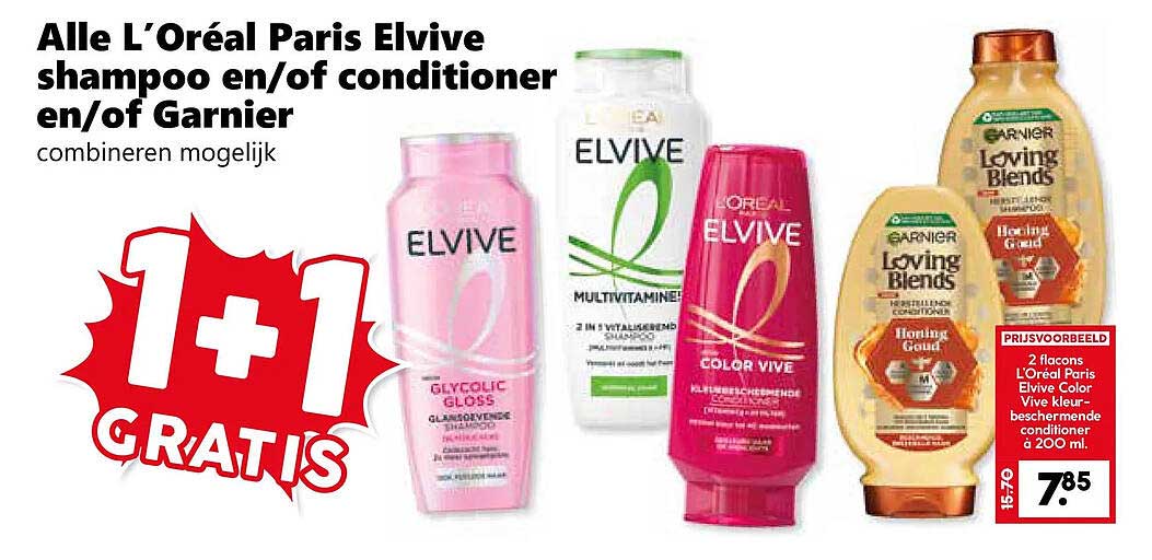 Alle L'Oréal Paris Elvive shampoo en/of conditioner en/of Garnier combineren mogelijk 1+1 GRATIS