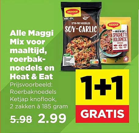 Alle Maggi Mix voor maaltijd, roerbaknoedels en Heat & Eat 1+1 gratis