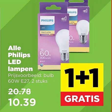 Alle Philips LED lampen Prijsvoorbeeld: bulb 60W E27, 2 stuks 1+1 GRATIS