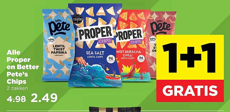 Alle Proper en Better Pete's Chips 2 zakken 1+1 GRATIS
