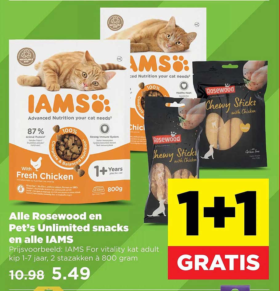 Alle Rosewood en Pet’s Unlimited snacks en alle IAMS 1+1 GRATIS