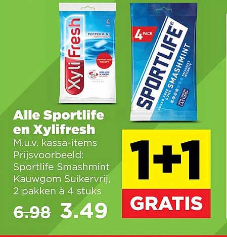 Alle Sportlife en Xylifresh M.u.v. kassa-items Prijsvoorbeeld: Sportlife Smashmint Kauwgom Suikervrij, 2 pakken à 4 stuks 1+1 GRATIS