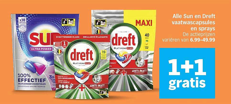 Alle Sun en Dreft vaatwascapsules en sprays 1+1 gratis