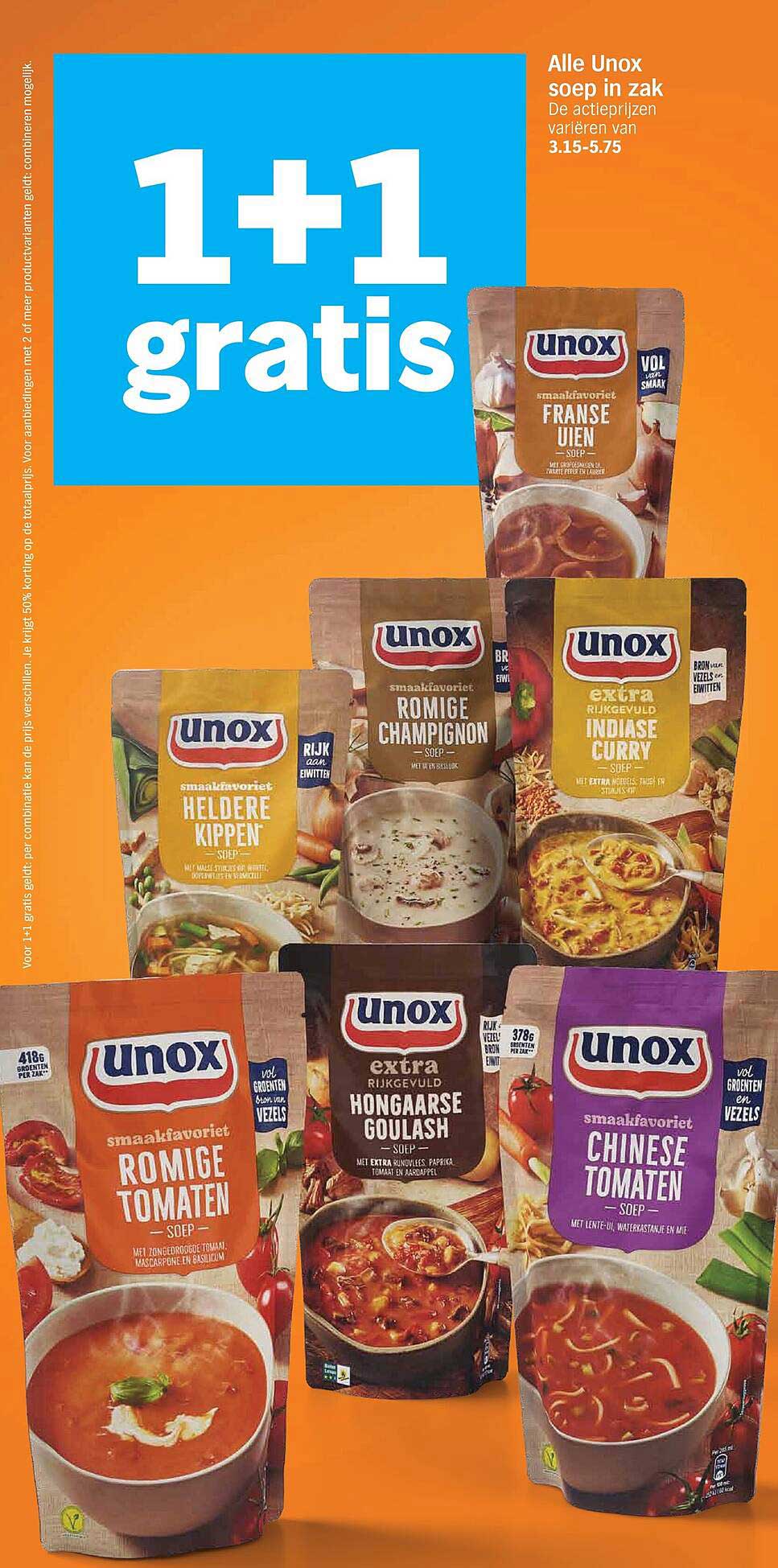 Alle Unox soep in zak 1+1 gratis