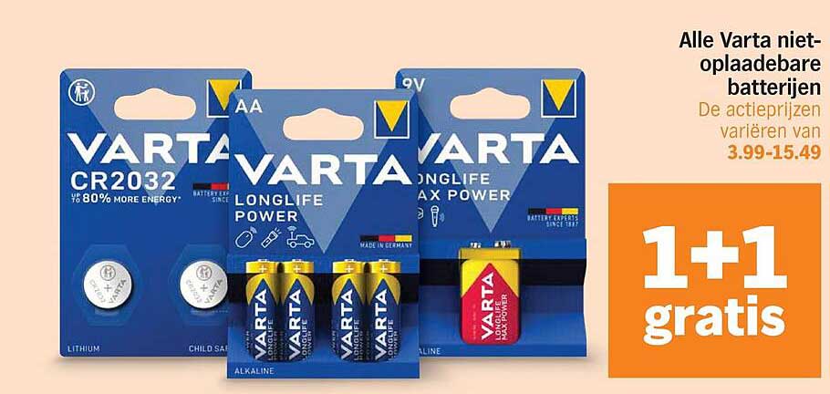 Alle Varta niet-oplaadbare batterijen 1+1 gratis